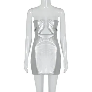 Silver PU leather strapless bodycon mini dress featuring a geometric chest cutout detail