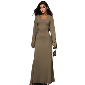 Elegant brown ribbed knit maxi dress with U-neck and long sleeves for the 2024 autumn