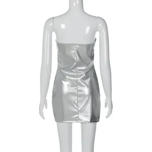 Detailed back view of a sexy silver PU leather bodycon mini dress with strapless design