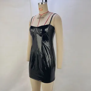 Detailed side view of a black glossy PU leather bodycon mini dress on mannequin.
