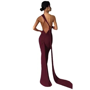 Elegant burgundy one-shoulder backless evening gown with ruched detail and long sash drape