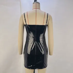 Back view of a glossy black PU leather bodycon mini dress with spaghetti straps.