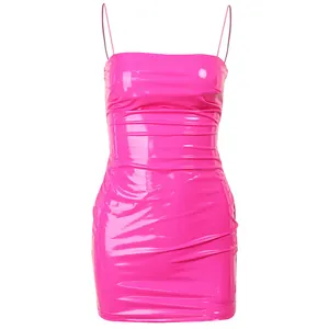 Sexy hot pink PU leather mini dress with spaghetti straps and ruched detailing