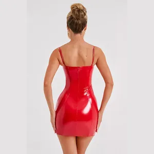Close-up back view of a sexy red glossy PU leather bodycon mini dress for women.
