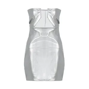 Sleek silver metallic PU leather strapless bodycon mini dress with back cutout detail.