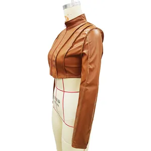 Detailed side view of a stylish brown faux leather crop jacket with decorative seams