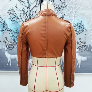 Back view of a stylish brown long-sleeve cropped faux leather jacket for women.