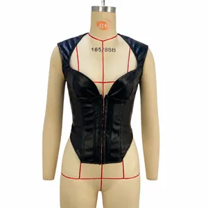 Sexy black PU leather sleeveless corset top with hook-and-eye closure for women clubwear