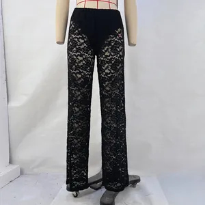 Elegant sexy black floral lace high-waisted sheer straight-leg trousers for women