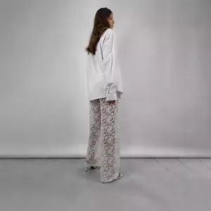 Elegant white floral lace sheer high-waisted straight-leg trousers for women fashion
