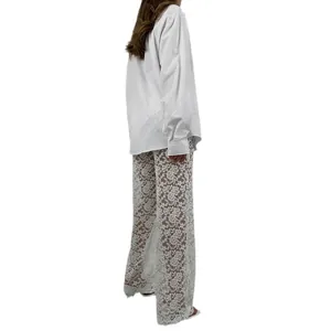 Elegant white floral lace see-through high-waisted wide-leg trousers for women back view