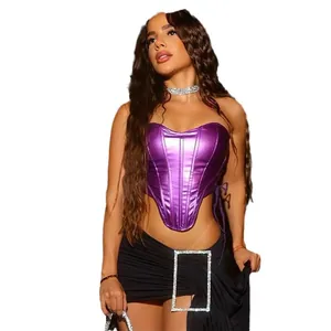 Sexy purple metallic strapless corset top with lace-up sides and structured fishbone hem