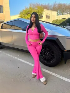 Women Zip Up Hoodie and Flare Pants Two Piece Set Western Street Style Solid Color Polyester Slim Fit Tracksuit Outfits