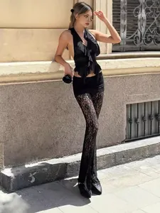 Sexy black lace two-piece set with ruffled deep-V top and flared pants