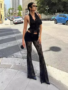 Sexy black lace flare pants and ruffled halter top two-piece fashion set for women