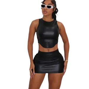 Chic two-piece set featuring a black PU sleeveless tank top and mini skirt