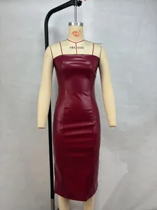 A detailed view of a sexy burgundy PU leather strapless midi dress on a mannequin