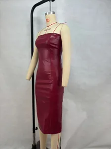 Wine red PU leather strapless dress detail showing the slim fit and material texture