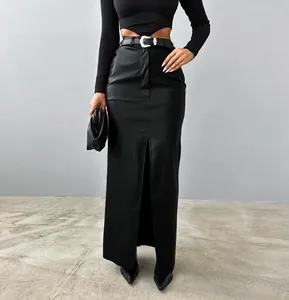 Detailed view of fashionable high-waisted black PU leather maxi skirt with a chic front slit