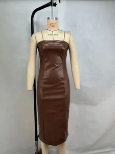 Detailed front view of a brown PU leather tube dress displayed on a tailor mannequin