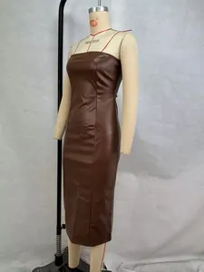Detail view of brown PU leather strapless midi dress with a sleek slim fit design