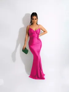 Elegant fuchsia satin bodycon maxi dress with thin straps for formal evening gala
