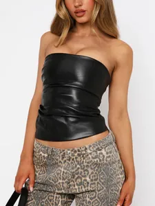 Sexüelles schwarzes PU-Leder gerafftes Bandeau-Top für Damen, chic trägerloses Design