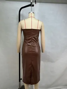 Back view of brown PU leather bodycon strapless midi dress on mannequin holder