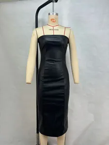 High-quality black faux leather strapless tube midi dress displayed on a studio mannequin.