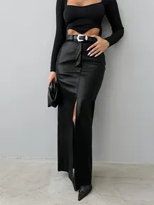 Elegant high-waist PU leather slit maxi skirt in solid black for a slim fit look.