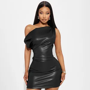 Detailed view of the sleek black one-shoulder PU leather bodycon mini dress for women