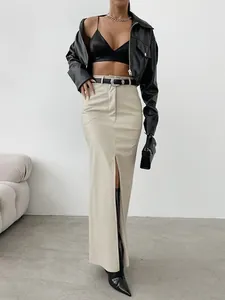 Elegant high waist beige PU leather maxi skirt with front slit for women fashion