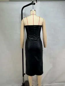 Back view of sexy slim fit black PU leather strapless tube midi dress on mannequin
