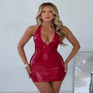 Sultry red mirror PU leather halter V-neck bodycon mini dress for nightclub parties