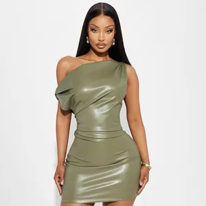 Detailed view of an olive green PU leather one-shoulder bodycon mini dress for women
