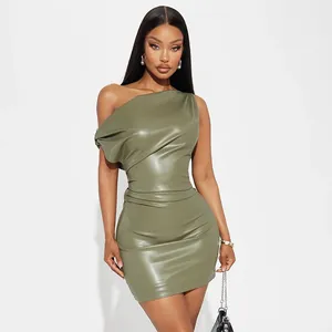 Detailed view of an olive green PU leather one-shoulder bodycon mini dress for women