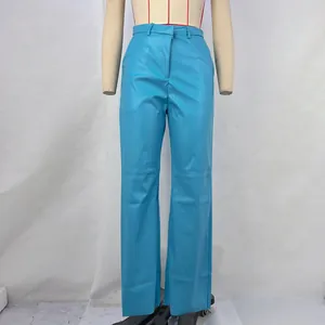 Detailed front view of vibrant cyan blue PU leather straight-leg pants on a mannequin