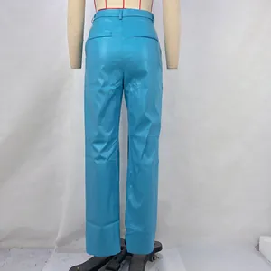 Rear view of bright blue PU leather high waist straight leg trousers for women