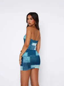 Vestido mini ajustado sexy de retazos azules sin tirantes con cintura alta para el verano