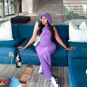 Elegant purple hooded sleeveless bodycon maxi dress for women socialite style evening wear