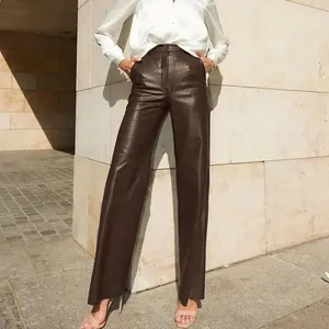 Chic brown PU leather straight-leg trousers for women with high waist and autumn design