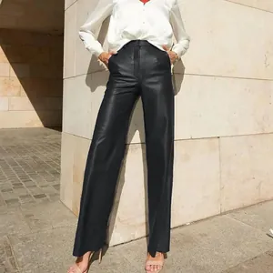 Chic black PU leather straight-leg pants with a high-waist fit for women's autumn style.