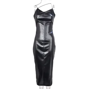 Detail of sexy black PU leather bodycon dress with asymmetrical spaghetti straps.