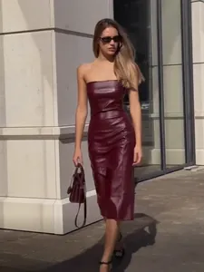 Chic burgundy strapless PU leather midi dress with side slit for sexy autumn style