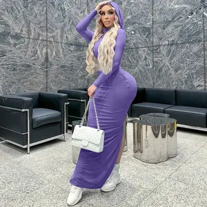 Fashionable purple slim hooded bodycon dress with long sleeves and side slit design