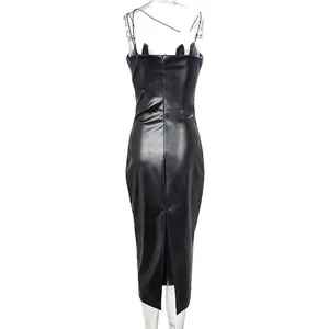 Back view of sexy black PU leather midi dress with back slit and zipper