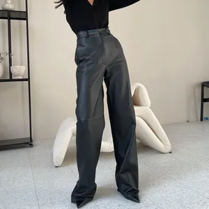 Chic high waisted black PU leather straight leg trousers for women casual autumn fashion