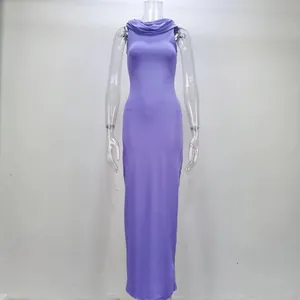 Sleek purple hooded sleeveless bodycon maxi dress for women with elegant slim fit