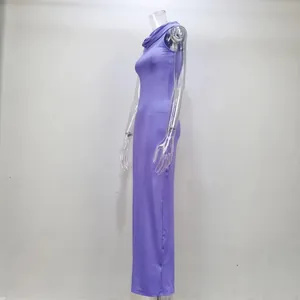 Side view detail of elegant purple bodycon maxi dress with cowl hooded neck on mannequin.