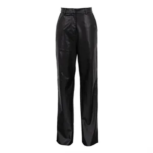 Detailed view of high-waist straight-leg trousers made of premium black PU leather fabric